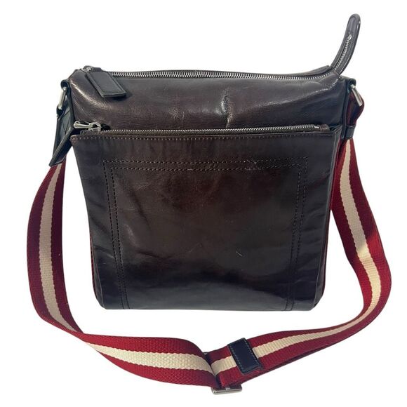 Bally Crossbody Bag Unisex Dark Brown Calf Leather Stripe Red White Strap Should - Picture 1 of 13
